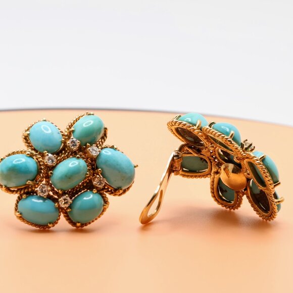 Vintage 18K Gold Family Heirloom Turquoise Diamond Clip On Earrings - Picture 4 of 16